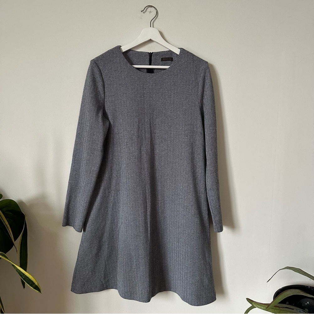 Peserico Gray Herringbone Shift Dress Long Sleeve Italian Made Size IT 48